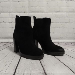 Black Suede Heeled Slip On Boots